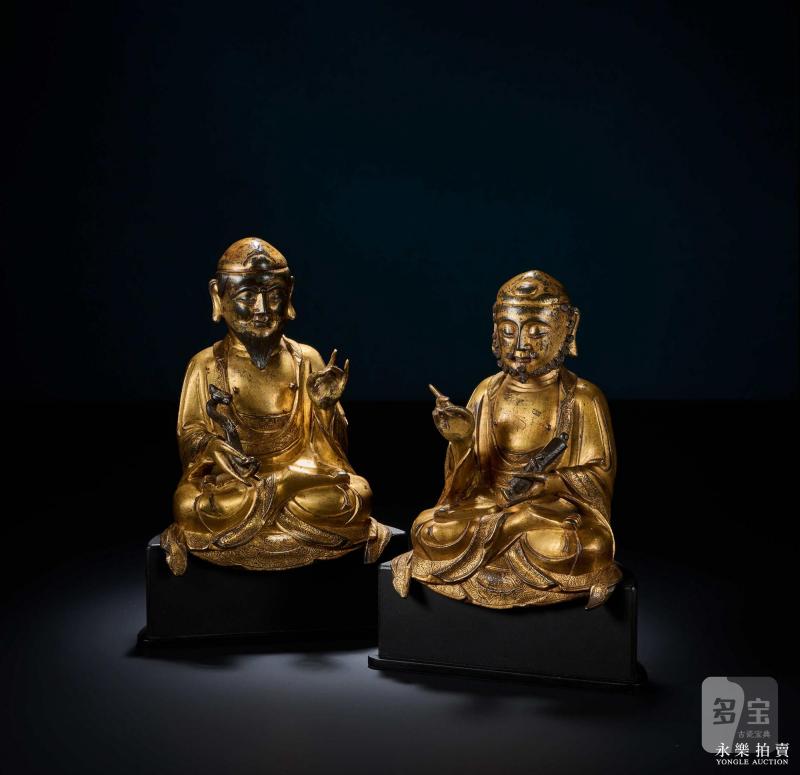 元末明初 铜鎏金男相文殊普贤菩萨坐像（一组两尊） - 图3